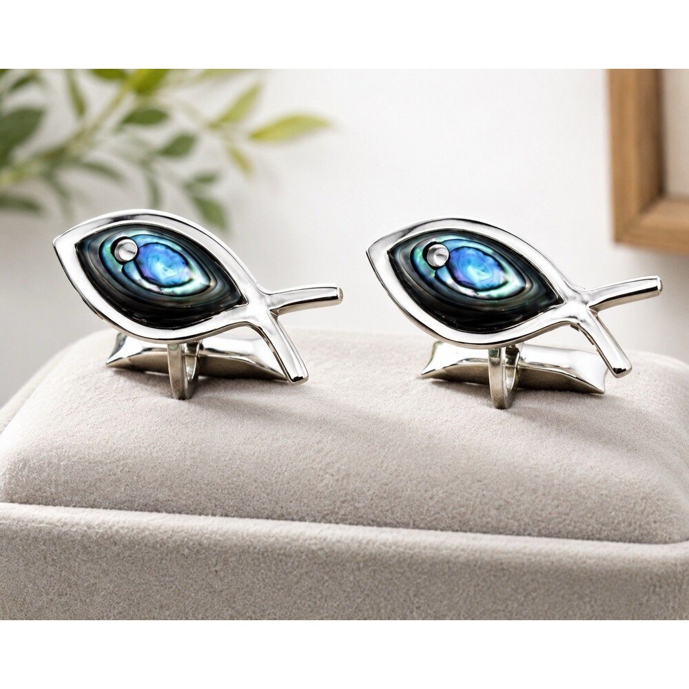 VTG Sterling Silver Cufflinks Mexico Abalone Jesus Fish Mens Christian Ichthys